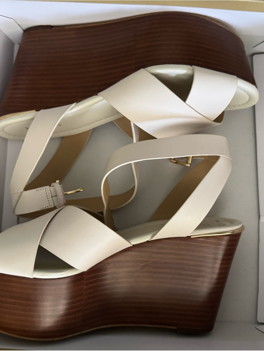 NIB Michael Kors Abbott Mid Wedge Leather Sandals Light Cream 8.5M